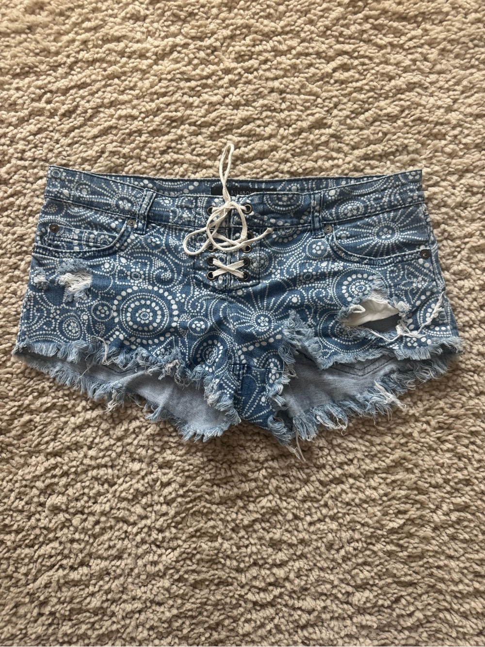 Billabong Blue Printed Lace-Up Denim Cutoff Shorts Distressed Booty